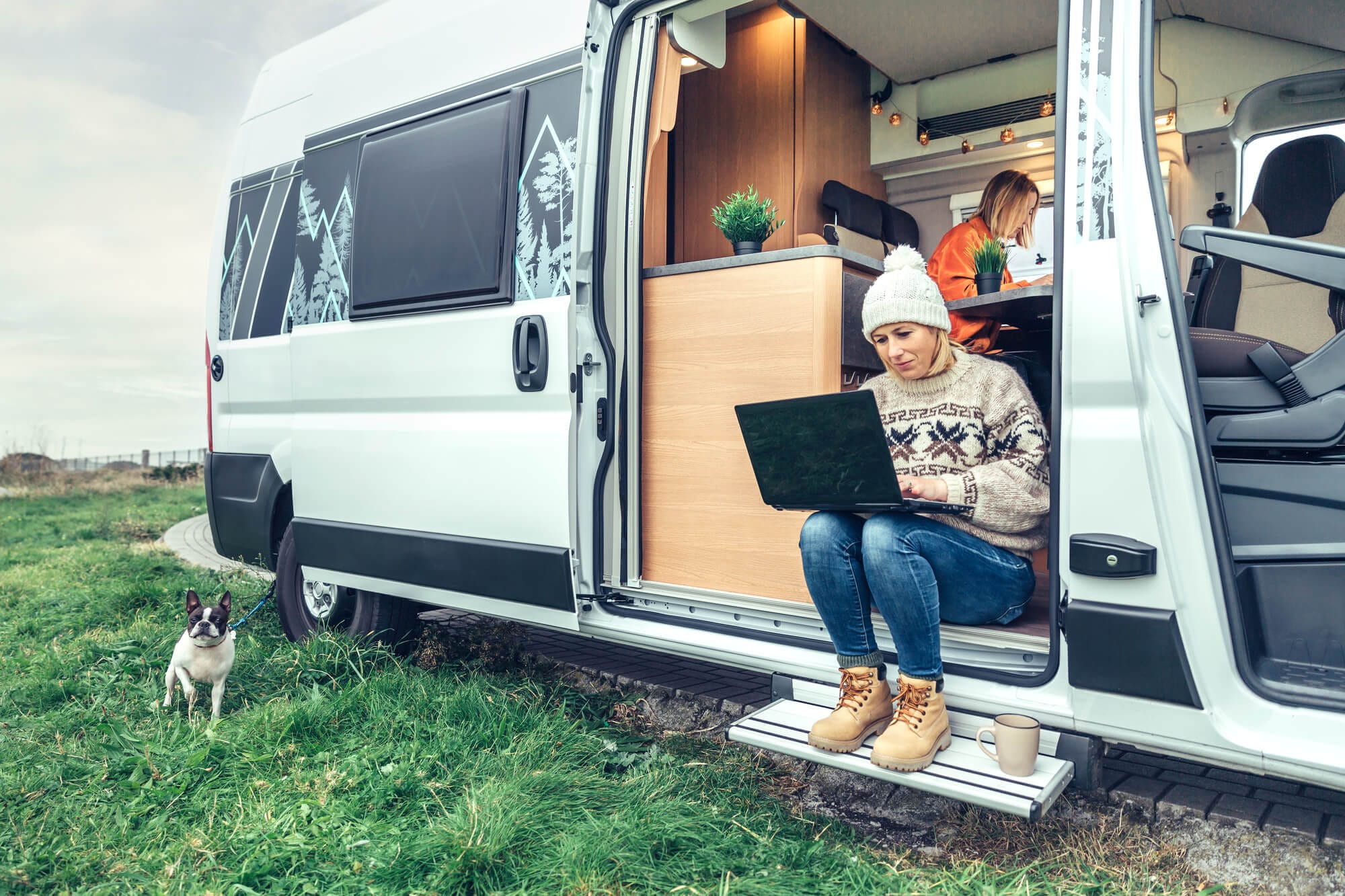 Woman working on a laptop inside a campervan while a dog walks outside.